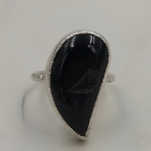 Black Druzy Teardrop Ring, Hand Forged Sterling Silver Molten Band