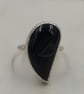 Black Druzy Teardrop Ring, Hand Forged Sterling Silver Molten Band