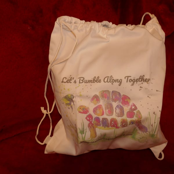Pink Tortoise and Bee Drawstring bag, 34cm x 40 cm "Let's Bumble along together