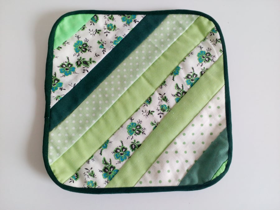 Reversible Quilted coaster with stripe design in greens and florals