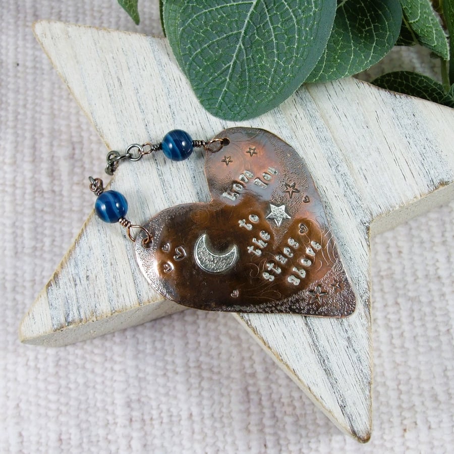 Heart Hanging Decoration. Copper with Moon and Stars and Agate Gemstones