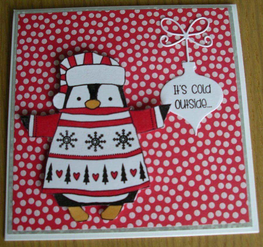 Handmade Snuggly Penguin Christmas Card