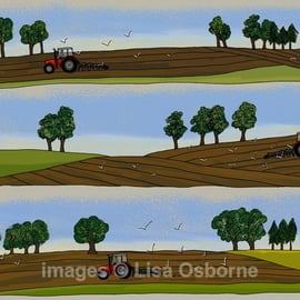 Ploughing - signed print from illustration. Farming. Tractors. Countryside.