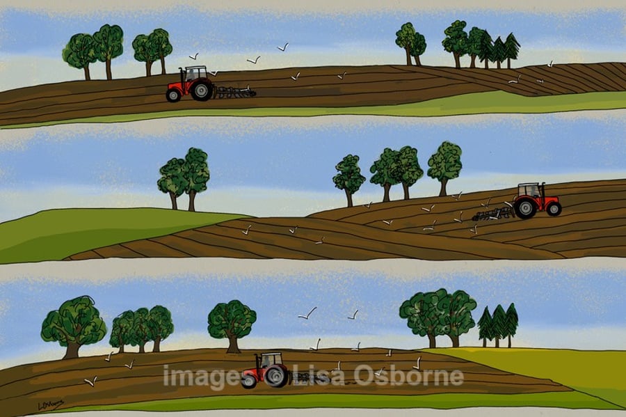 Ploughing - signed print from illustration. Farming. Tractors. Countryside.