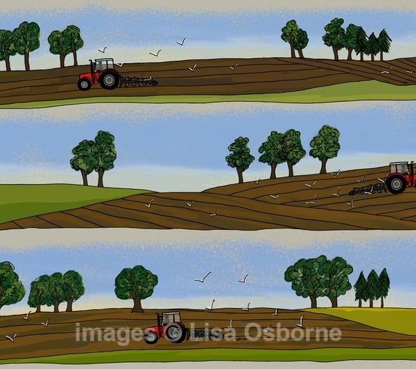 Ploughing - signed print from illustration. Farming. Tractors. Countryside.