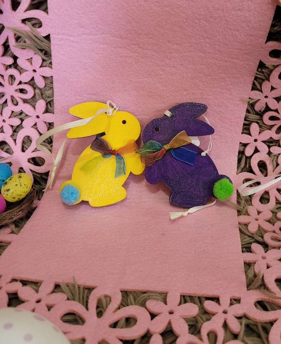 Set of Two Hand Decorated Easter Bunny Wooden Shapes - Yellow and Purple