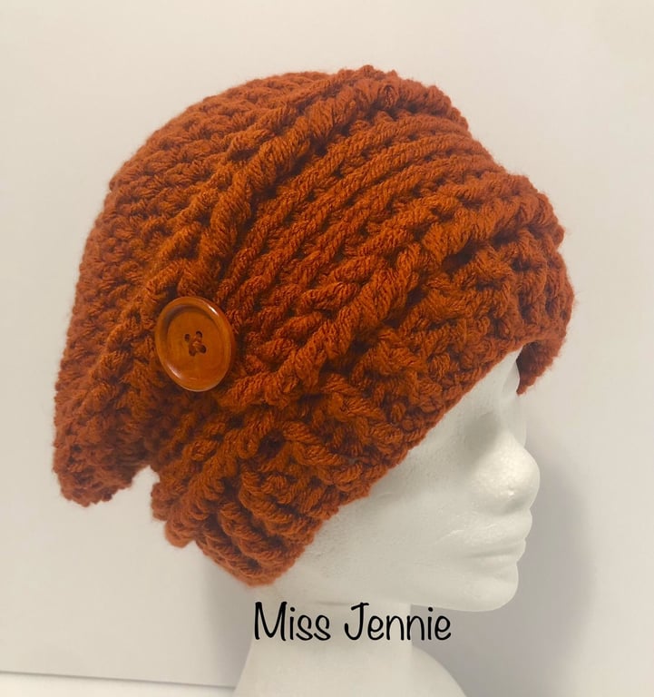 Crochet Slouch Hat, Womens Beanie, Copper Hat, Womens Fashion hat, Slouch beanie