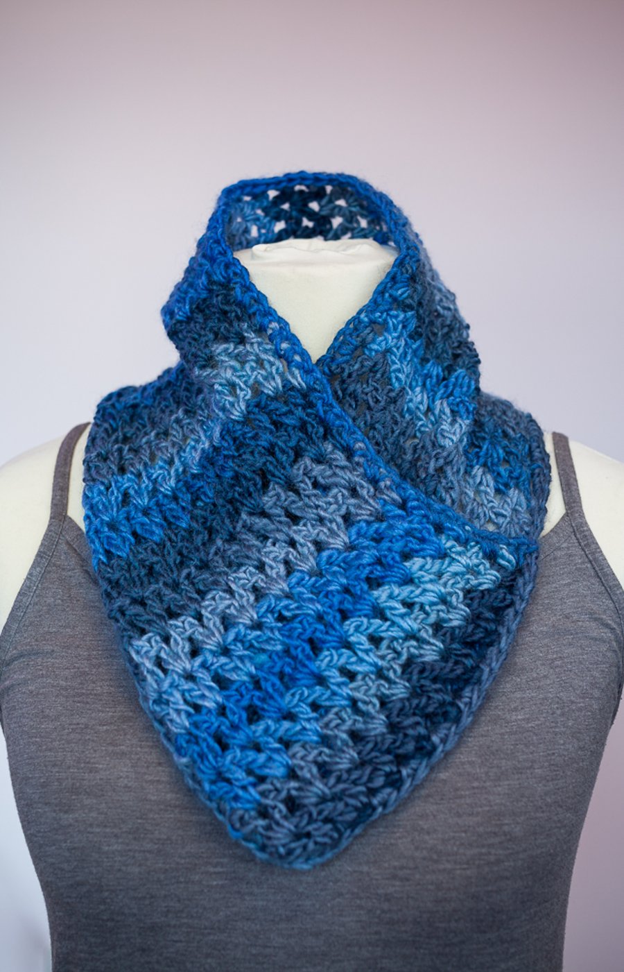 Cowl snood neck warmer scarf in denim colours crochet chunky