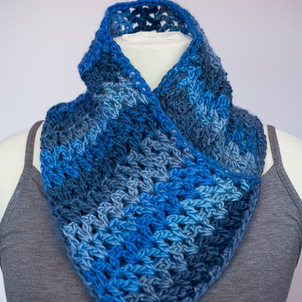Cowl snood neck warmer scarf in denim colours crochet chunky
