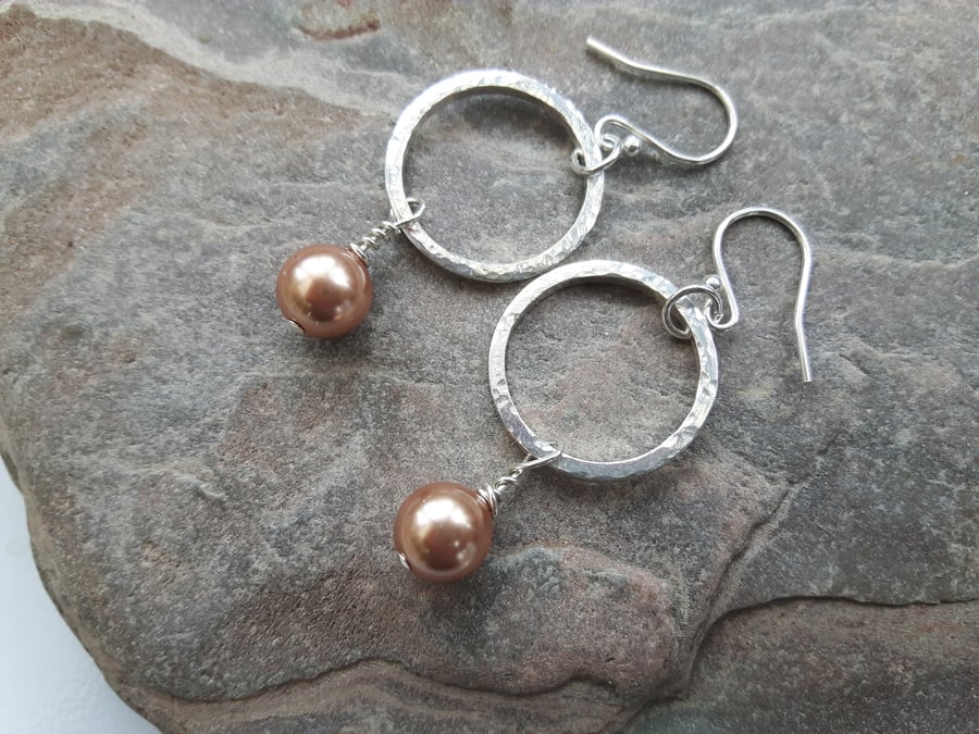 Sterling Silver hammered hoop earrings with rose gold Swarovski Pearl