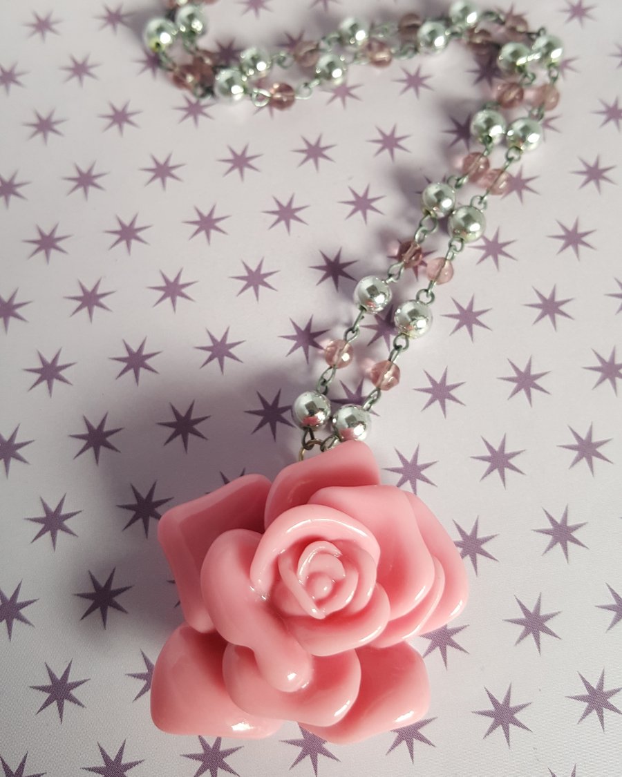 Handmade Pink Rose Beaded Necklace 