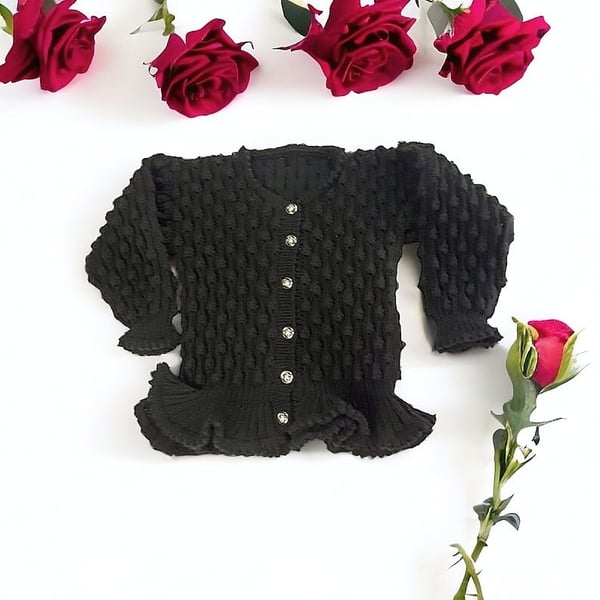 Hand knitted girls black peplum bobble cardigan 24 inch chest 