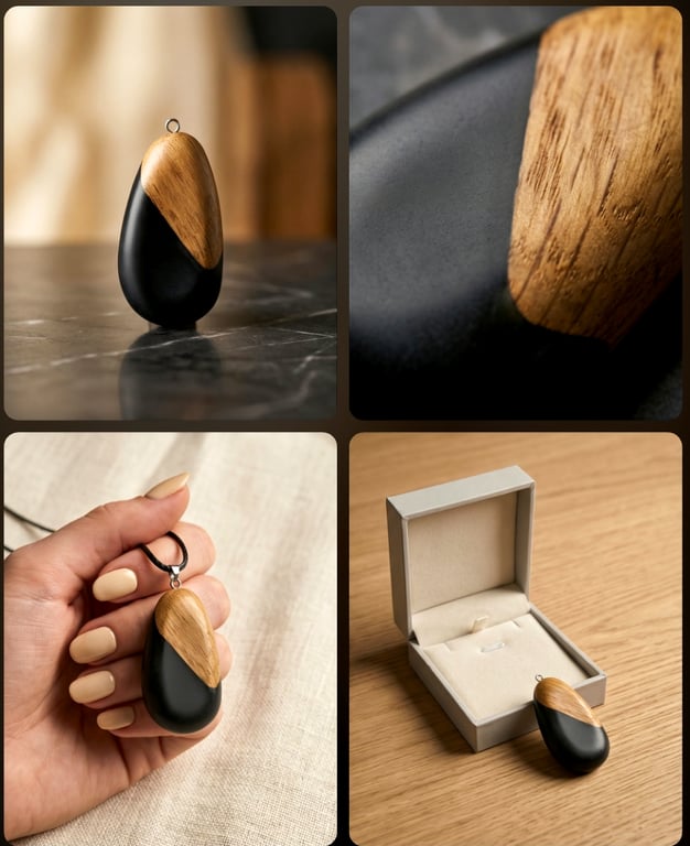 Unique oak and black shimmer resin necklace 