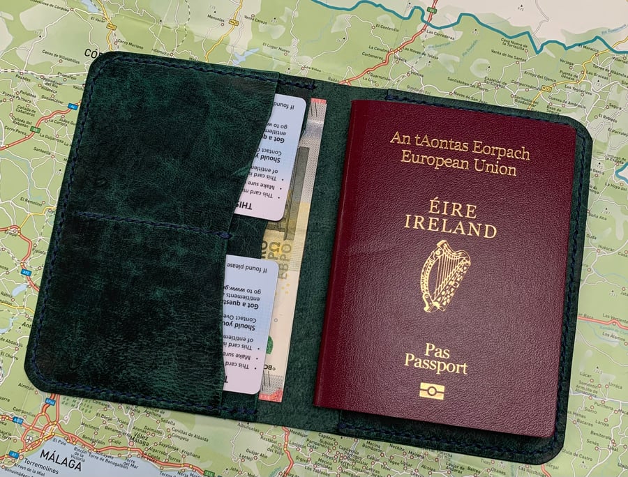 Leather passport cover in teal leather with card slots