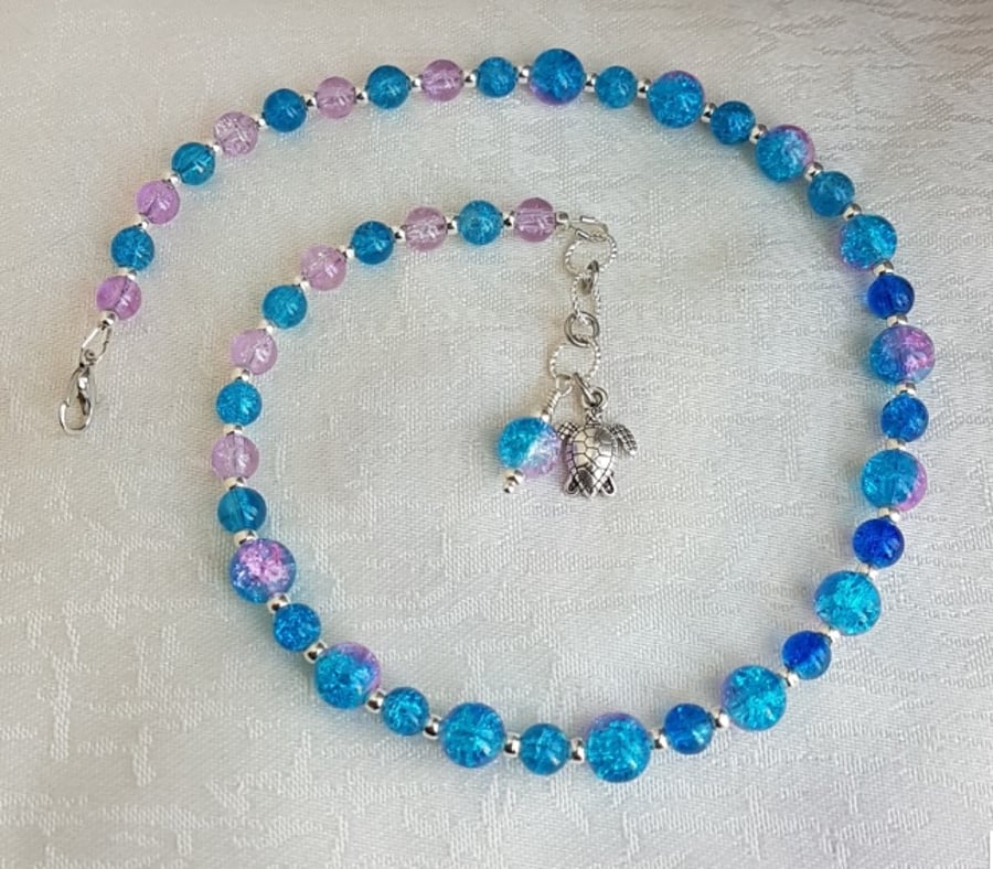 Gorgeous Blue Pink Glass Choker Necklace.