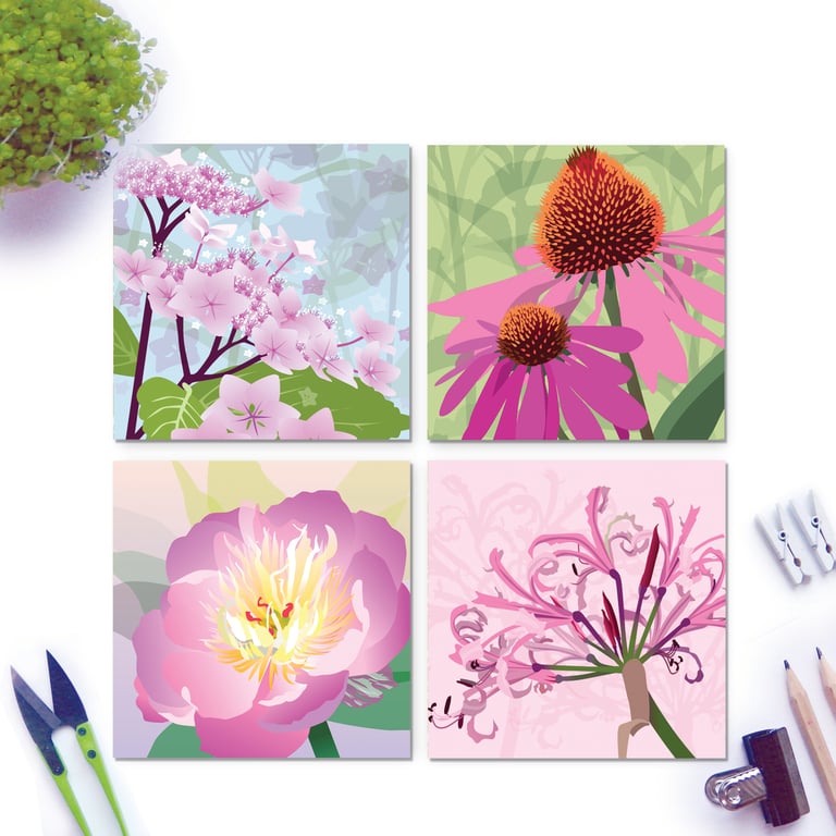 Pink Flower Card Collection - Lacecap Hydrangea, Echinacea. Peony, Nerine