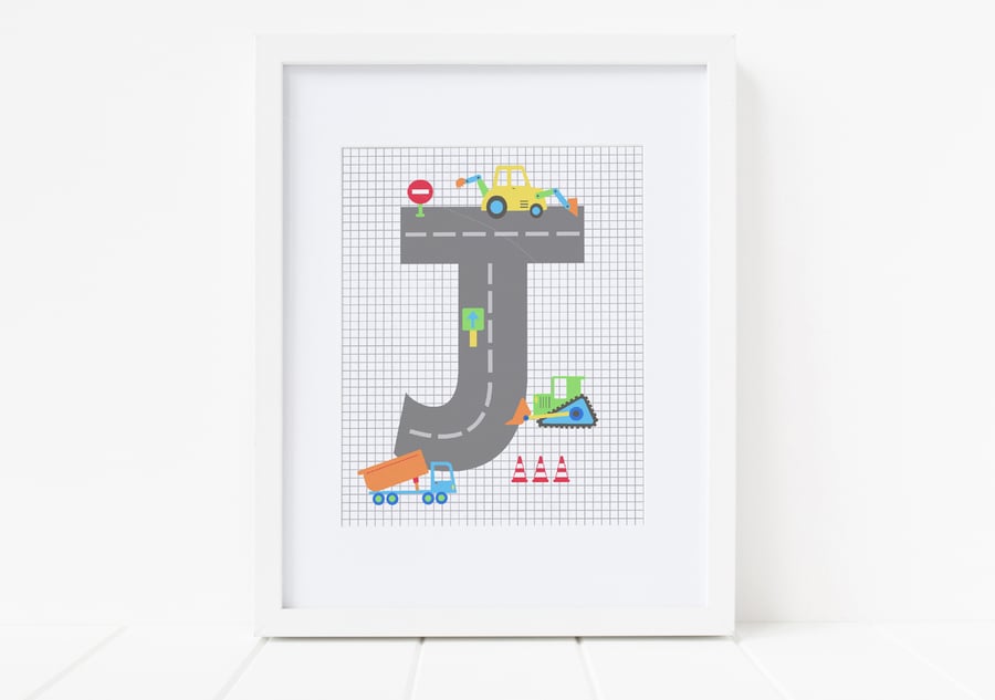 Boys Digger Print, Personalised Initial Print, New Baby Gift, Wall Art for Boy