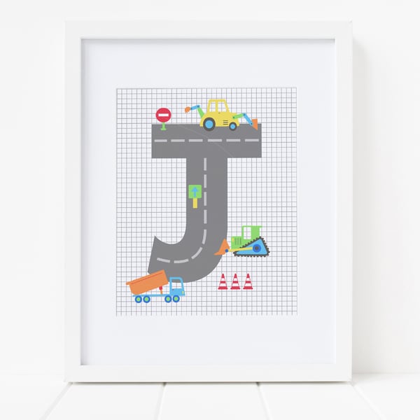 Boys Digger Print, Personalised Initial Print, New Baby Gift, Wall Art for Boy
