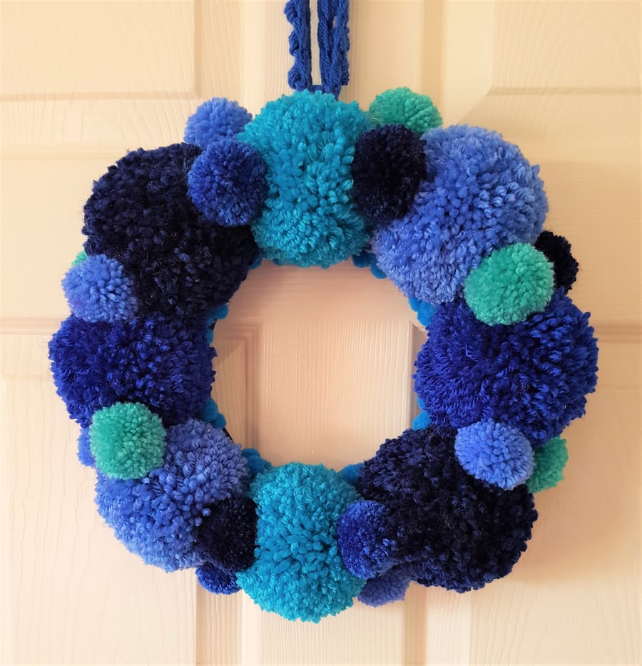 Blue Pom Pom Wreath 34cms -13 Inches