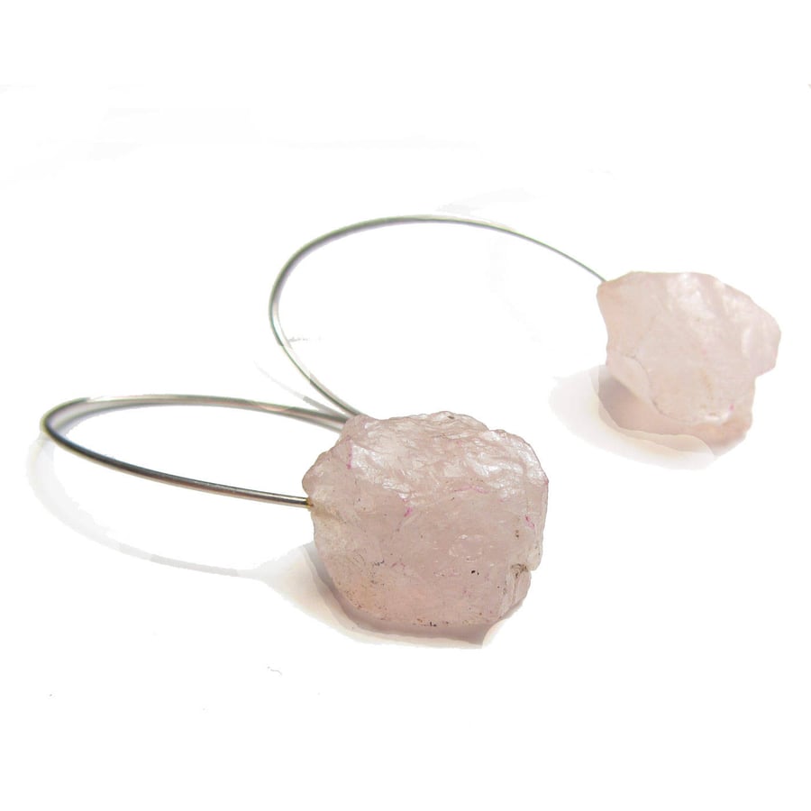 Rough rose quartz raw sterling silver drop earrings