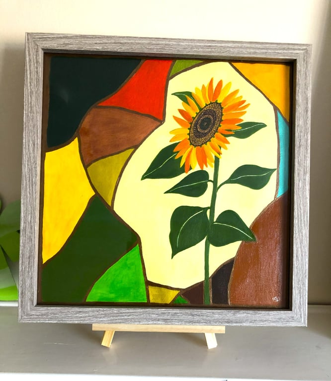 Sunflower painting titled 'Standing Tall'. Framed 12" painting