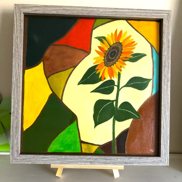 Sunflower painting titled 'Standing Tall'. Framed 12" painting