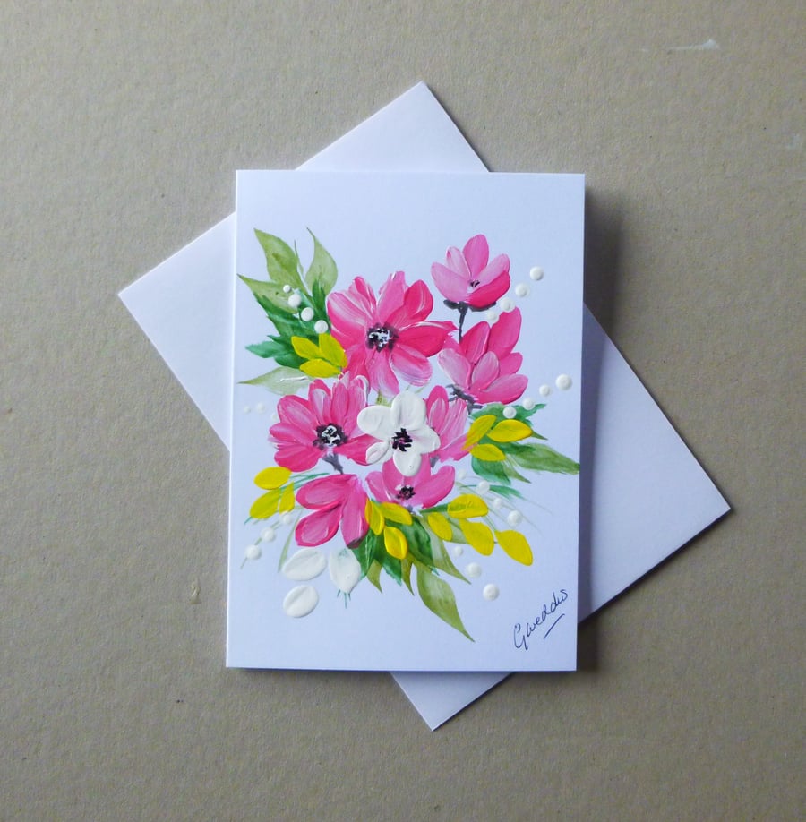 original art floral hand painted greetings  card ( ref FA 312 B1 )