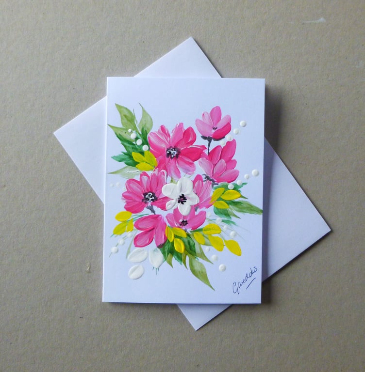 original art floral hand painted greetings  card ( ref FA 312 B1 )