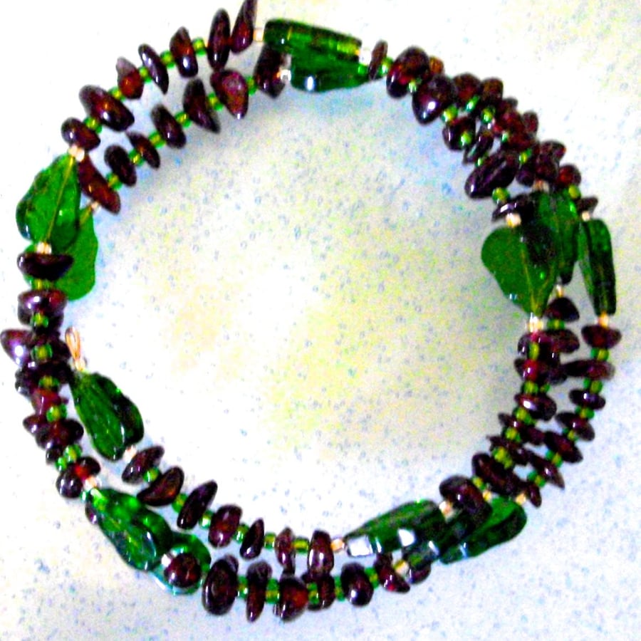Green Leaf and Garnet Gemstone Wrap Bracelet - UK Free Post