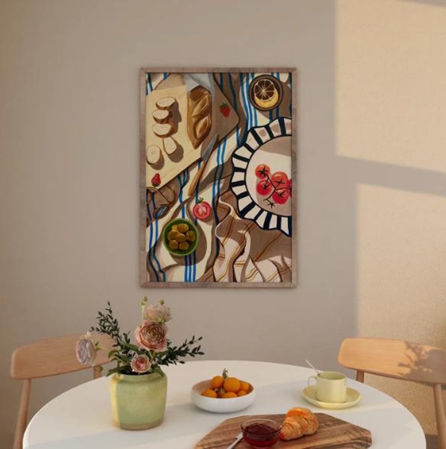 Summer Picnic Painting Art Poster, Vintage Food Print, Uplifting Trendy Retro Pr