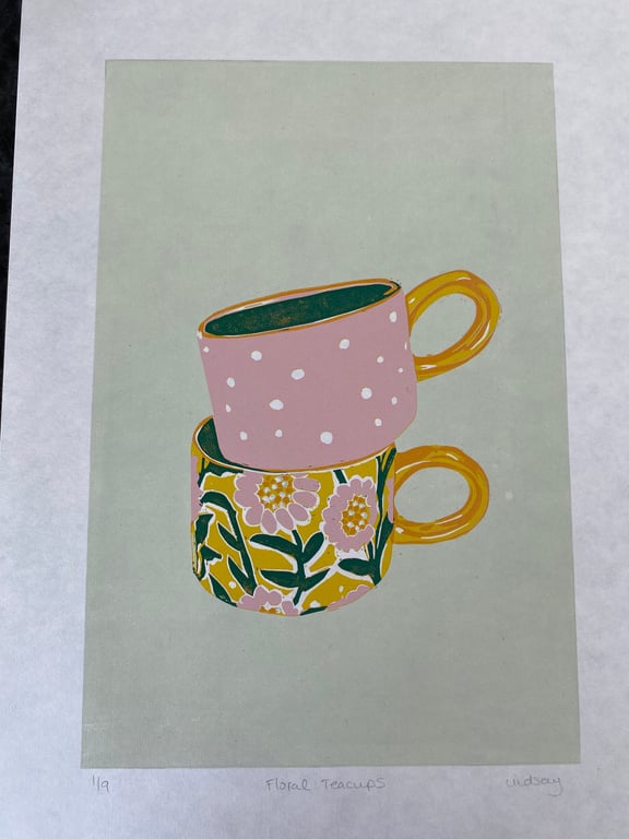 Floral Teacups - Handmade Limited Edition Lino Print 