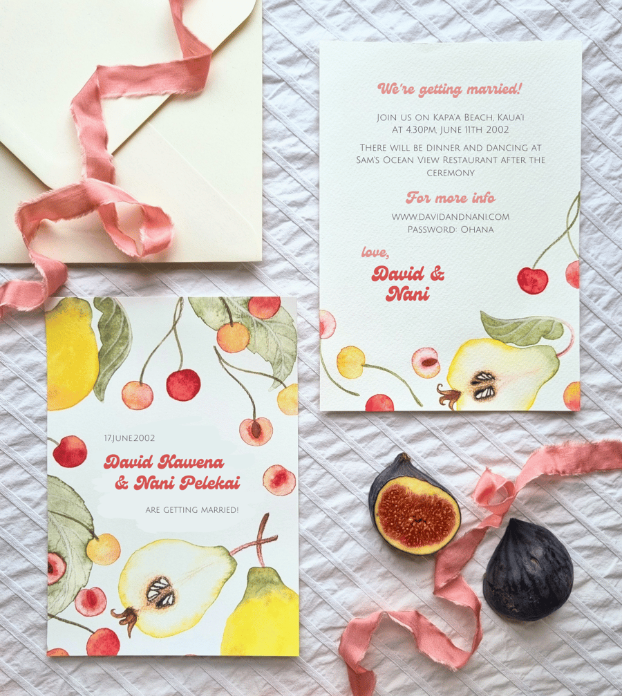 10 Summer fruits wedding invitations, A5 watercolour cherries invites, fun retro