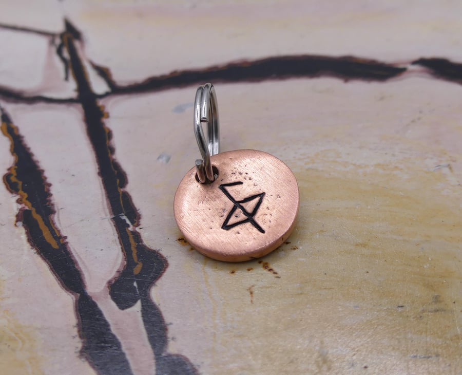 Recycled Round Copper Health Bindrune Keyring Charm, Bag Charm.