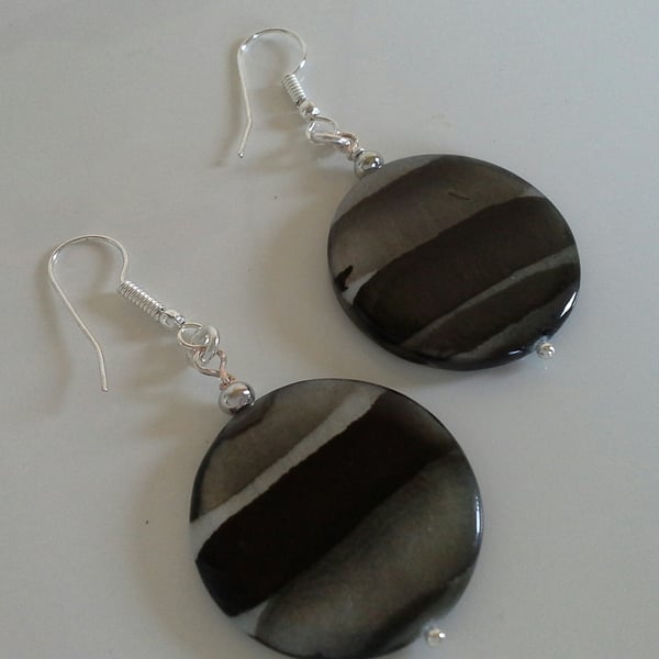 Large Disc Animal Print Mother of Pearl Silver Plated Earrings