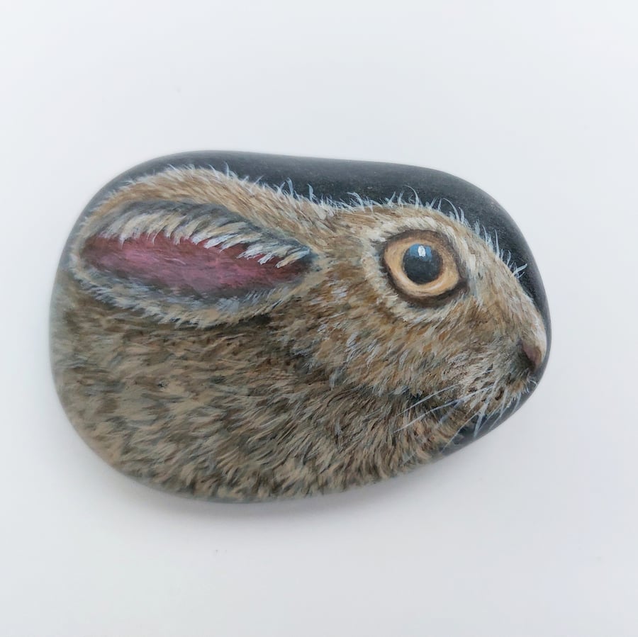 Hare hand painted pebble 