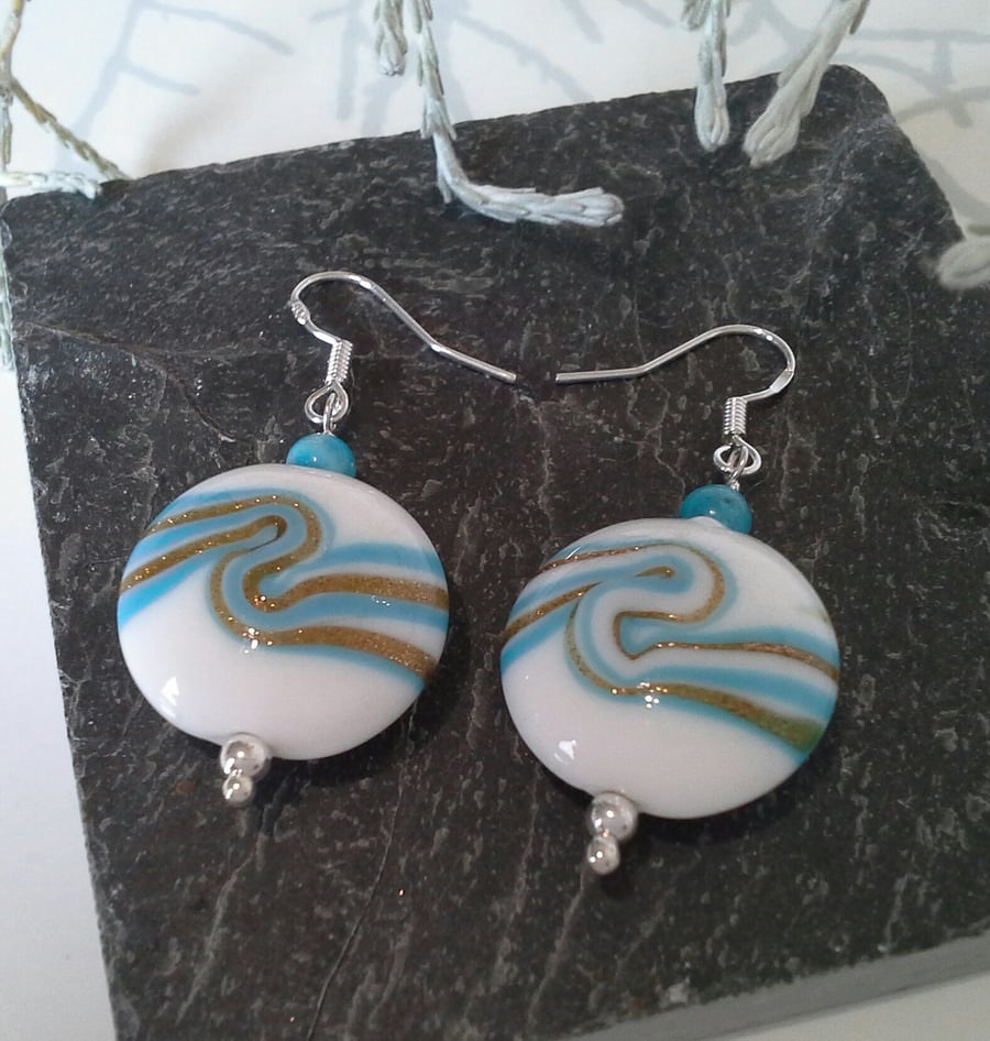 Natural Turquoise & Murano Glass Sterling Silver Earrings