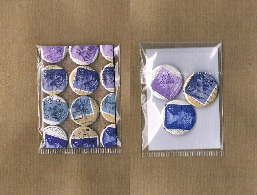3 x BLUES & PURPLES - Upcycled vintage Machin postage stamp badge, mini notecard