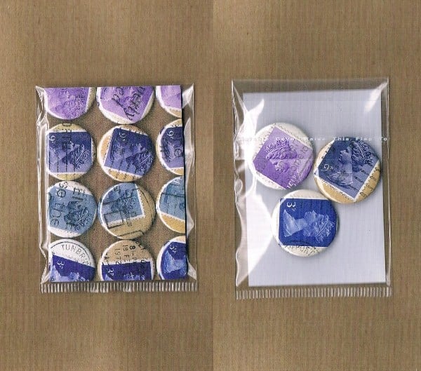 3 x BLUES & PURPLES - Upcycled vintage Machin postage stamp badge, mini notecard