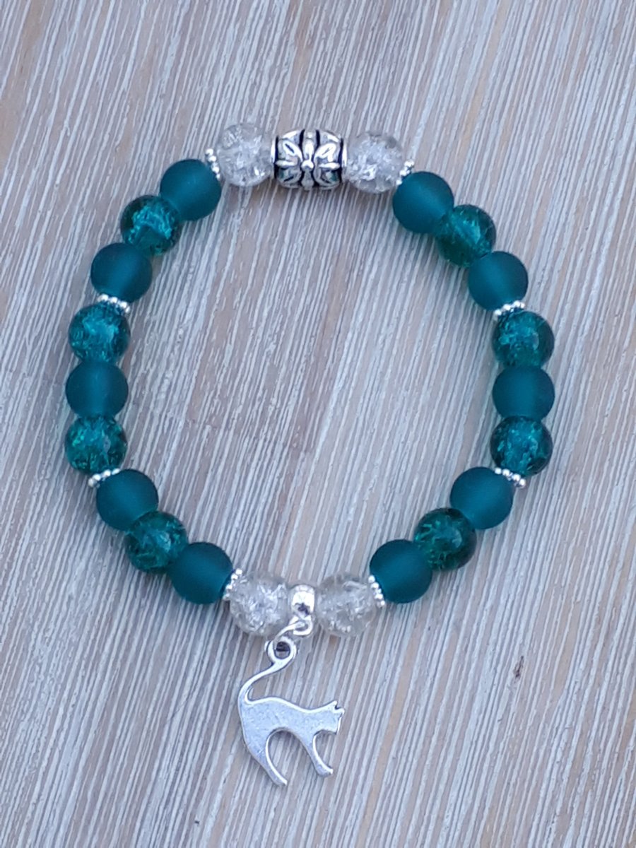 Teal bracelet with cat charm, sold in aid of MK Cat Rescue