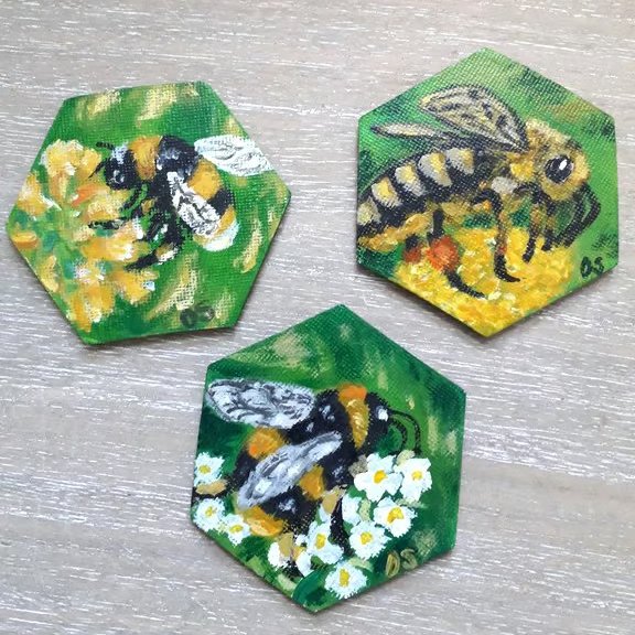 Set of 3 hand painted 'bees" canvas fridge magnets