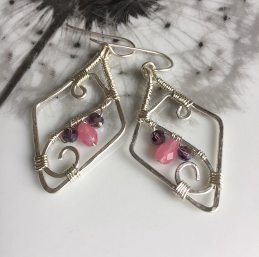 SALE!! Sterling silver diamond shaped wire wrapped earrings