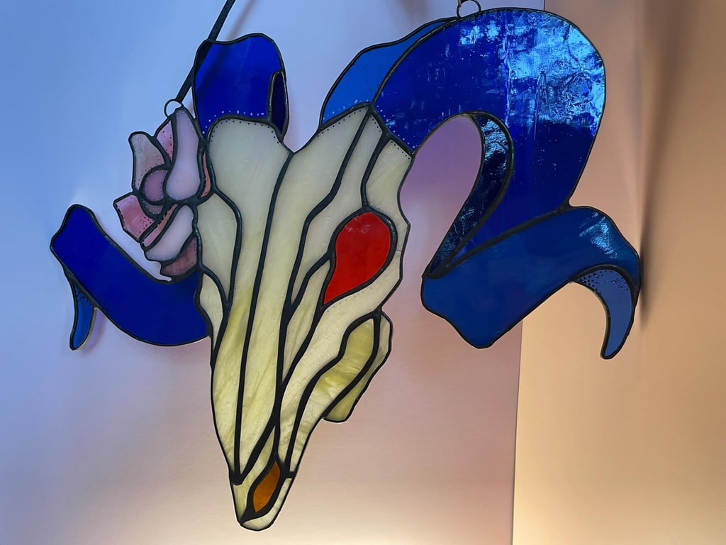Stained Glass Sheep Skull with Flower Suncatcher, glass art, nature