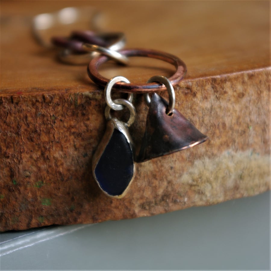 Silver and Copper Pendant with Blue Sea Glass