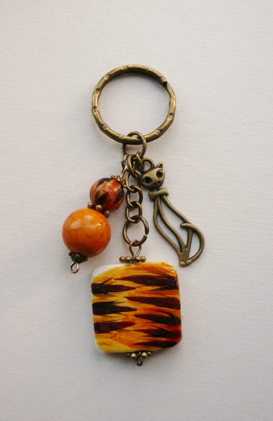 Antique Bronze Tiger Cat Print Keyring   KCJ858