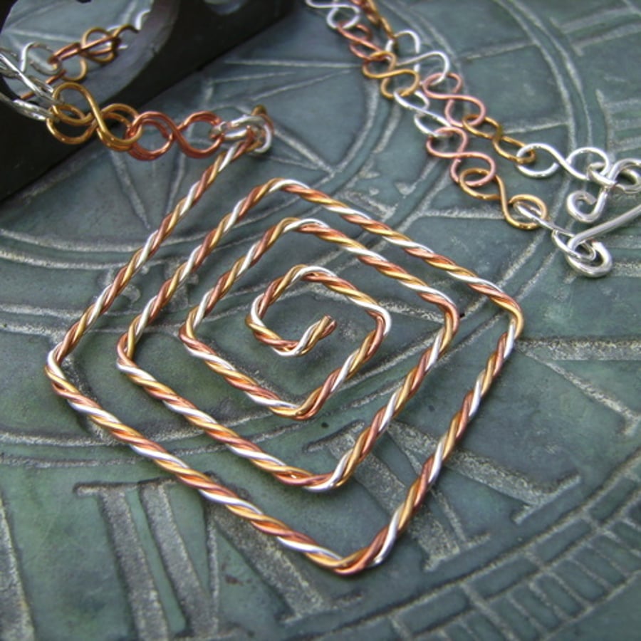 Twisted Copper,Gold Plate & Silver Plate Wire Pendant Necklace