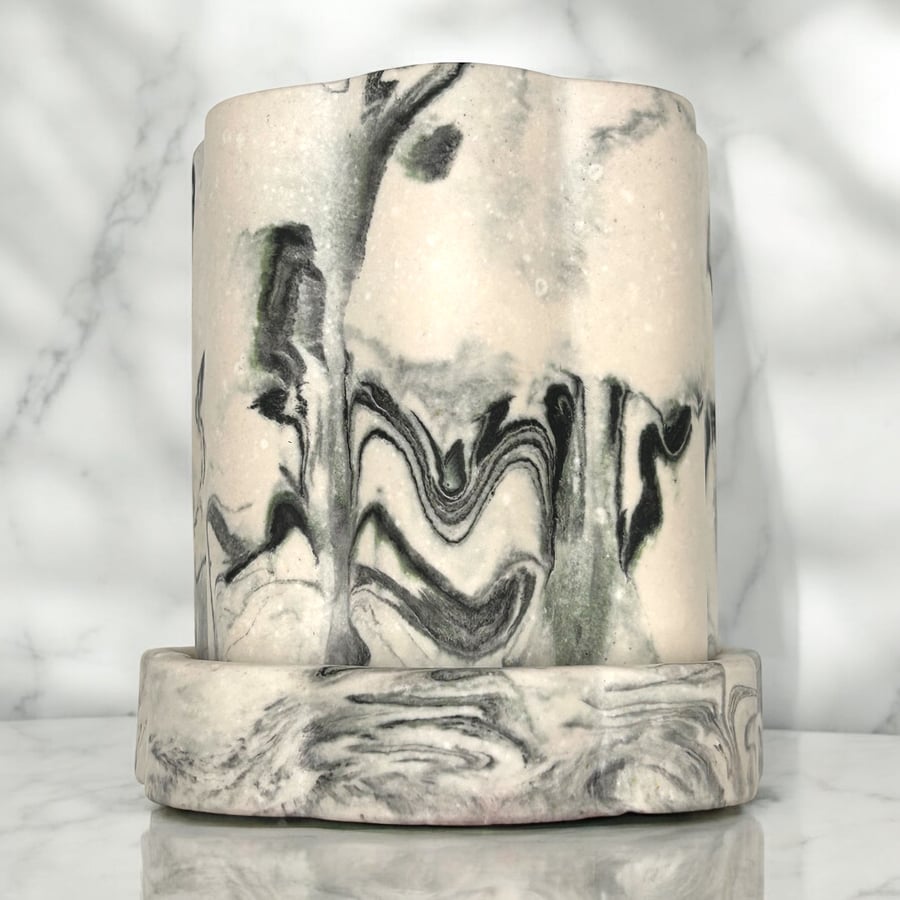 White Marbled Tall Plant Pot or Storage Pot With a Lid or Tray MFPP1