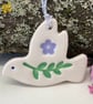 Teeny ceramic dove decoration with leaves and lilac flower