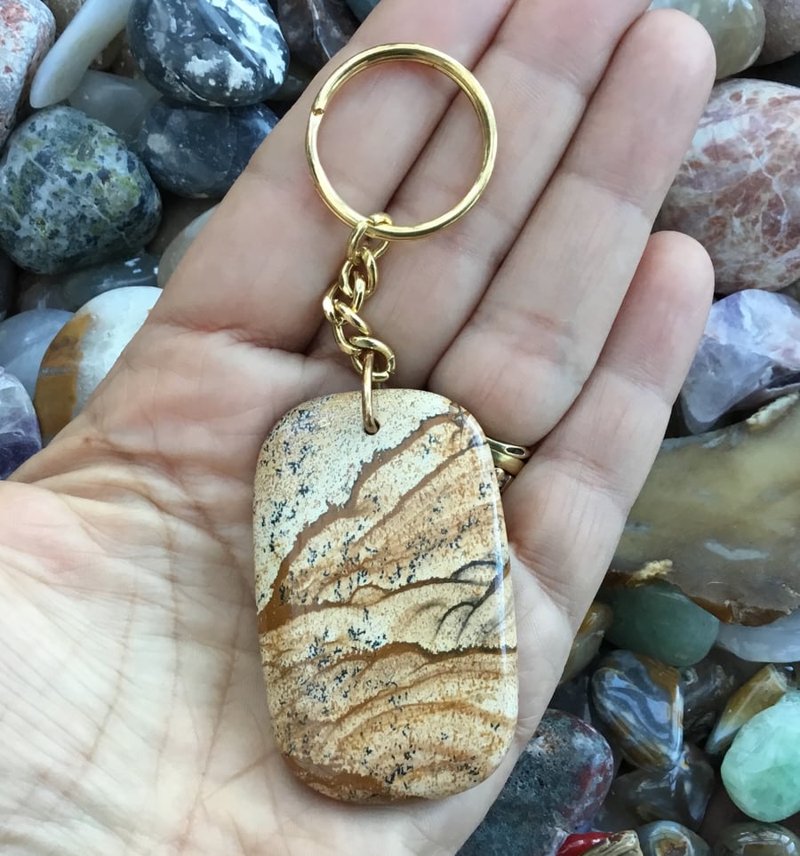 Stunning Picture Jasper Gemstone Keyring or Handbag Charm.