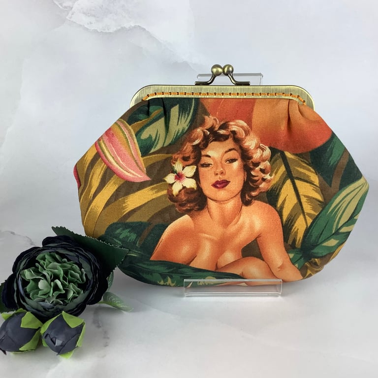 Burlesque small clutch bag, Retro makeup bag, Optional chain, Handmade