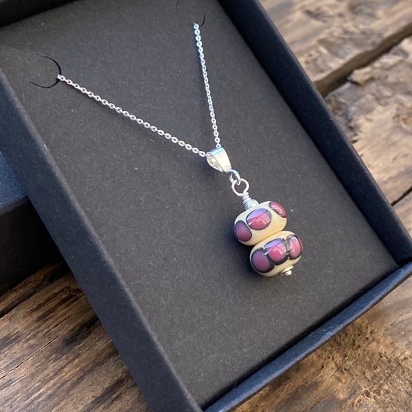 Mini lampwork pendant on sterling silver necklace. Cream & purple. 